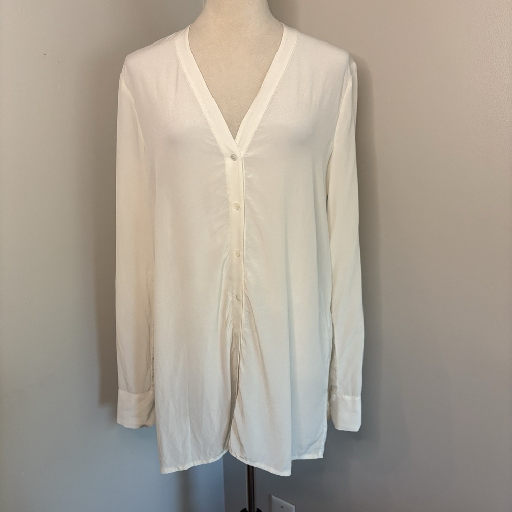 Vince Ivory 100% Silk Blouse Roll Tab Sleeve Long Oversized Top Minimalist Small